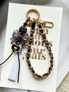Authentic Chanel Ribbon&Unbranded Black Chain charm with Iridescent Bow Charm